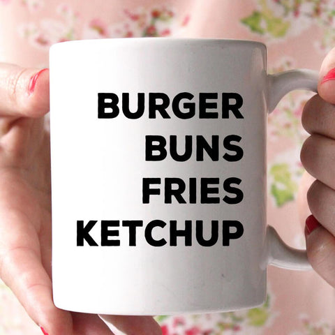 burger buns fries ketchup coffee mug 
